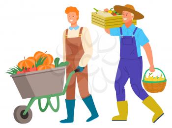 Harvesting man smiling character vector, isolated personage with carriage filled with veggies. Pumpkin and carrots, pear in woven basket. Farmers set. Flat cartoon
