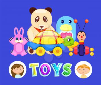 Toys for kids vector, girl and boy and set of objects. Fluffy panda and pink rabbit, turtle with wheels and butterfly with antennae, games and playground. Flat cartoon