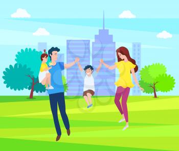 Happy family, mother, father and children walking together in green forest, springtime scenery landscape. Vector cartoon people, mom and dad, daughter and son. Flat cartoon