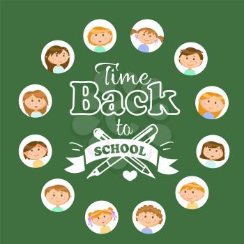 Girls and boys pupils, back to school lettering vector. Pen and pencil, stationery tools and students avatars, education and knowledge, writing supplies. Back to school concept. Flat cartoon