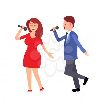 Woman and man singing song with microphone flat style isolated. Concert and couple of artists in casual clothes, performance girl and boy musicians vector