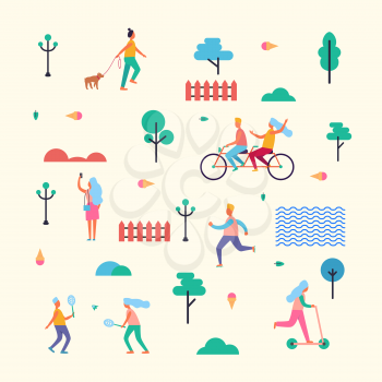Pattern Made of characters that walk with dog, ride bicycle and scooter, do selfie, jog in morning, play badminton among trees vector illustration.