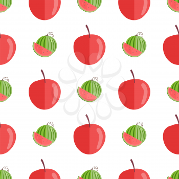 Seamless pattern with red apples and watermelons half and slice isolated on white background. Endless texture with healthy fruits vector illustration