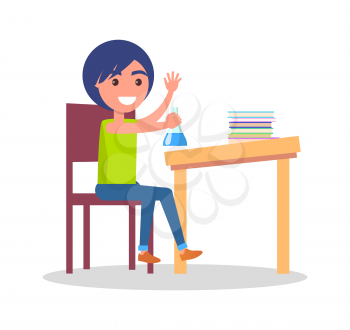 Minimalistic vector poster of schoolkid sitting at school table with different colorful books and copybooks, holding flask with light-blue liquid.
