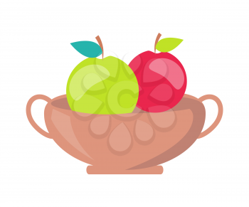 Minimalistic vector template of golden-colored vase with two handles at its sides and couple of big green and red apples isolated on white background.
