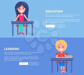 Education learning set of posters with girl sitting at empty table, boy writing in copybook, happy schoolchildren at lessons vector illustrations