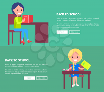 Back to school set of posters with boy and girl sitting at table on chair and reading book, happy schoolchildren at lessons vector illustrations