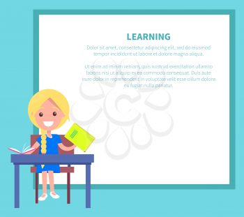 Learning banner with blonde girl with textbooks at school. Vector illustration of begginer on 1st of September, back to school concept