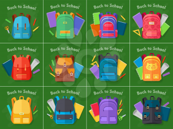 Back to school. Set of different contemporary kinds backpacks. Various bags in shape and colour on green background. Various school objects behind backpacks. Flat design. Vector illustration