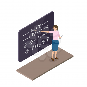 Female teacher in pink T-shirt and blue skirt with pointer in one hand and tablet in another explains material near blackboard vector illustration.