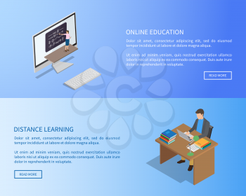 Online education and distance learning Internet page template with modern computer and student at desk with laptop vector illustrations.