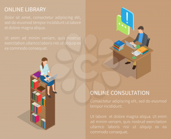 Online library and consultation template poster with girl sitting on shelving with laptop and man at table having conversation via Internet