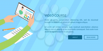 Video course concept flat vector web banner with hands holding tablet with video near paper and pen, and written text on other side