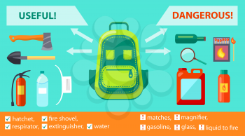 Useful and dangerous objects on informative fire-related poster. Vector illustration of backpack, hatchet with extinguisher, shovel and gasoline
