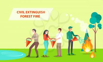 Civil Extinguish Forest Fire. Vector illustration of people with dust masks cooperating in order to put out burning tree and grass with water