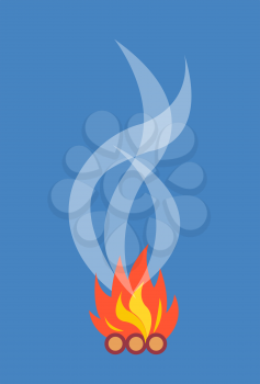 Red-and-yellow campfire with smoke rising from flames isolated vector illustration on blue . Fire is used for cooking and sitting by during camping