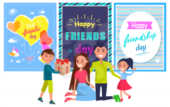 Happy friendship day banner with little boy giving present parents sitting on ground and small sister vector colorful illustration