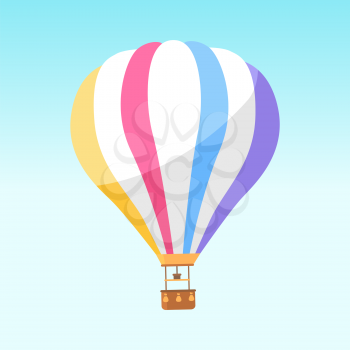 Airballoon with colorful stripes icon isolated on white. Vector illustration of big object for travelling by air and watching scenic landscapes with basket for people. Air means of transportation