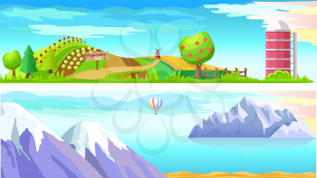 Two horizontal images vector illustration. Fruit and fir trees, cabbage and sunflowers, water tower and red mill on green ranch. Snow-capped mountains, sea calm and striped balloon on second picture.