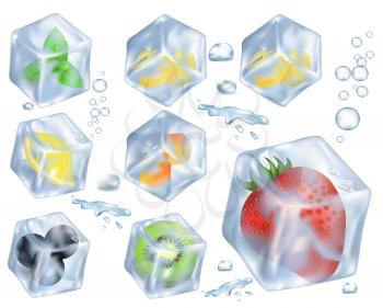 Red strawberry, half of kiwi, ripe blueberries, sour lemon and green mint in ice cubes isolated vector illustration on white background.