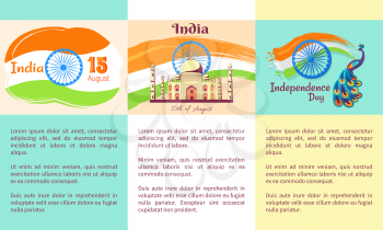 Independence Day of India set of posters. Vector illustration of national flag tricolor with 24-spoke wheel, Taj Mahal and peacock