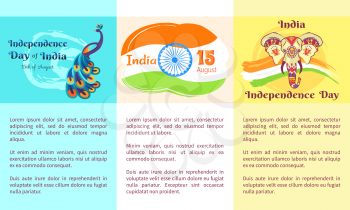 Independence Day of India collection of posters with text. Vector illustration of national flag, peacock on blue and head of elephant on yellow