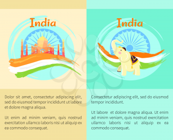 Independence Day of India on 15th of August poster with Taj Mahal and white elephant vector illustration on background of wheel and national flag