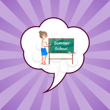 Summer school banner with teacher standing near blackboard in speech bubble on purple background with rays vector illustration