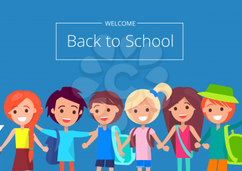 Welcome back to school banner with kids isolated vector illustration with inscription on blue background. Joyful children during classes or on break