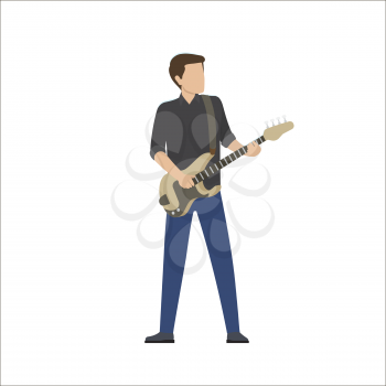 Man plays in musical group on bass guitar, vector illustration isolated on white. Musician with electric instrument perform in cartoon style