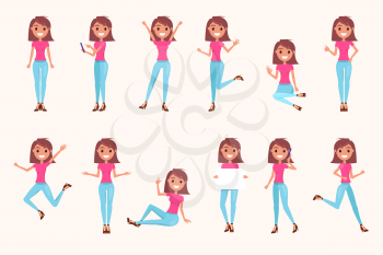 Cute girl in pink T-shirt, blue jeans and stiletto shoes stands or sits in various positions isolated vector illustrations set on white background.