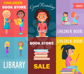 Sale in children bookstore, good reading in library with small readers keeps color books vector illustration concept of six posters.