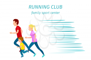 Family sport center running club health program isolated on white. Man in red t-shirt, blonde woman and little son moves together vector illustration.