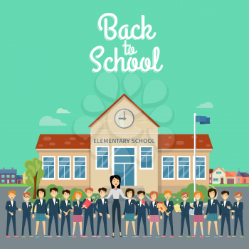 Back to school banner. Teacher with pupils on school yard. Young teacher with pupils. Education. World Book Day. Awareness professor with appreciated students. Education concept. Vector illustration.