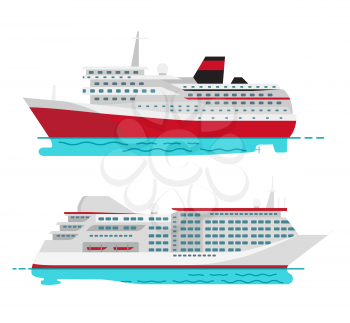 Spacious luxury cruise liner and big red steamer on water surface isolated on white background. Seagoing ships vector illustrations.