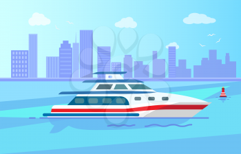 Luxurious yacht with spacious cabin out in sea near big city with high skyscrapers vector illustration. Expensive vessel for short distance trips.