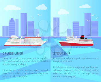 Luxurious cruise liner and spacious steamship out in sea with high skyscrapers on horizon and white gulls in sky vector illustrations.