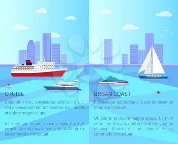 Big liner and modern yacht for cruise and urban coast with sailboats on water surface with cityscape on horizon vector illustrations.