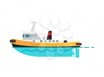 Steamboat vector illustration isolated on white. Fishing vessel, speed boat marine nautical type of transport in flat style, motorboat icon