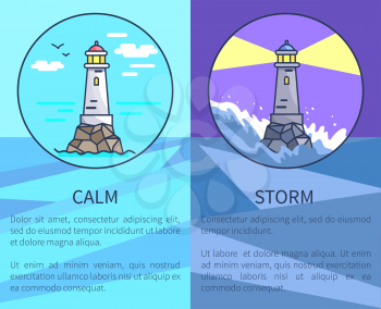 Set of posters depicting sea under different weather conditions. Contrastive vector illustration of lighthouses during storm and when the sea is calm