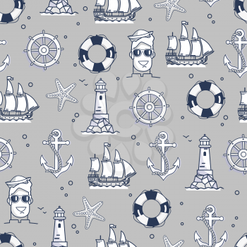 Seamless pattern with marine elements in black and white colors. Nautical objects as ship, sea wheel, life buoy and mariner on endless texture
