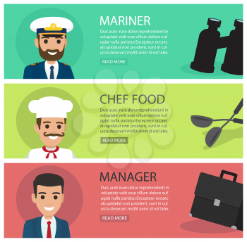People professions web banners set. Mariner, chef and manager smiling cartoon characters with instrument or implement flat vector. People occupations horizontal illustrations for job vacancy web page