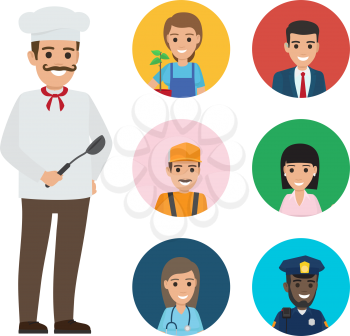 Italian chef in white uniform, mustache and ladle with round icons with happy representatives of most common professions vector illustrations.