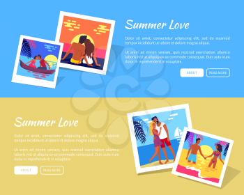 Summer love photographies with romantic couple spending honeymoon or dating on beach near written text template background.