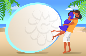 Frame for photo from vacation with tropical beach and couple in love that kisses among palm leaves and blue ocean vector illustration.