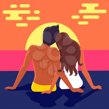 Couple in love sits on sandy beach and looks at blue deep ocean and sky with clouds vector illustration. Happy lovers at sunset