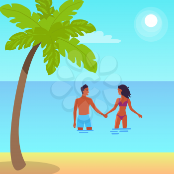 Poster of peaceful coast with palm. Vector illustration of man and woman holding hands and standing in sea during bright summer day