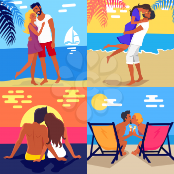 Romantic young couple in love spending honeymoon on exotic beach vector colorful poster of four photos. Hot summer romance template
