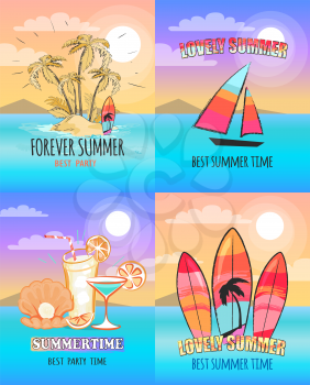 Forever lovely summer collection of vector illustrations. Poster of tropical beach with palm trees, various cocktails, surfing boards and yacht