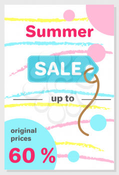 Summer sale poster with original prices 60 discount off, vector illustration banner colorful lines and dots, circles of different shape in flat style
